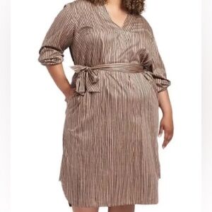 Universal Standard Tan Stripe Printed V-Neck Crossover Collar Midi Dress